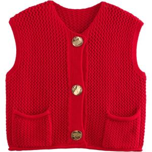 Arssm Womens Cropped Sweater Vest Crochet Chunky Knit Vest Casual Sleeveless Button Down Knitted Sweater Vest