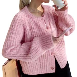 Arssm Womens Cute Cardigan Sweater Long Sleeve Crewneck Button Down Cardigans Knit Top Fashion 2024 Knitwear(Pink)