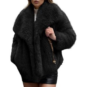 Arssm Women’s Faux Fur Coat Fluffy Shaggy Jacket Long Sleeve Lapel Coats Winter Warm Outwear(Black)