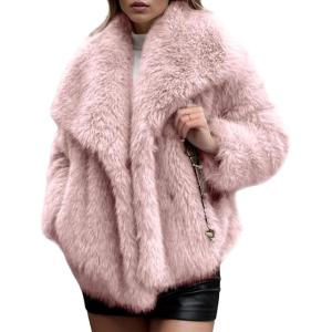 Arssm Women’s Faux Fur Coat Fluffy Shaggy Jacket Long Sleeve Lapel Coats Winter Warm Outwear(Pink)