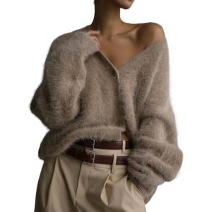 Arssm Womens Fuzzy Cardigan Sweater Long Sleeve Cardigans Button Down V Neck Fluffy Knit Top Fashion 2025 Knitwear(Khaki)