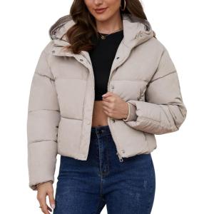 Arssm Womens Hooded Quilted Puffer Jacket Winter Warm Padded Coats Long Sleeve Puffy Bubble Coat with Hood(Beige)