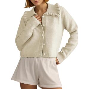 Arssm Womens Ruffle Collar Cardigan Cropped Button Down Open Front Sweaters Knitted Long Sleeve Fall 2025 Elegant Outwear(Apricot)