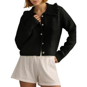 Arssm Womens Ruffle Collar Cardigan Cropped Button Down Open Front Sweaters Knitted Long Sleeve Fall 2025 Elegant Outwear(Black)