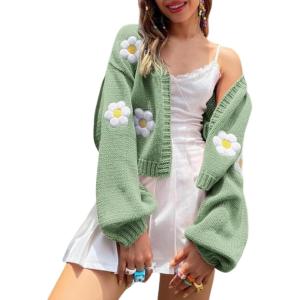 Arssm Y2K Womens Flower Cardigan Sweater Long Sleeve Knit Cropped Cardigan Open Front Cute Shrug Fall Sweater 90s Outfits(Green)