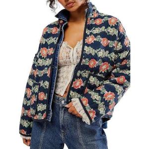Women’s Cropped Puffer Quilted Jacket Lightweight Long Sleeve Padded Floral Print Puffy Cardigan Outwear Coat(Navy)