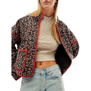Women’s Cropped Puffer Quilted Jacket Lightweight Long Sleeve Padded Floral Print Puffy Cardigan Outwear Coat(Red)