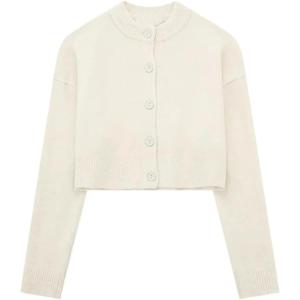Arssm Womens Crop Cardigan Sweaters 2024 Crewneck Long Sleeve Sweater Button Down Knit Sweater Top(Beige)