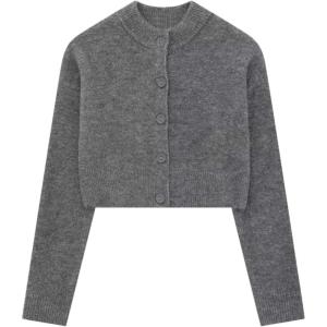 Arssm Womens Crop Cardigan Sweaters 2024 Crewneck Long Sleeve Sweater Button Down Knit Sweater Top(Grey)