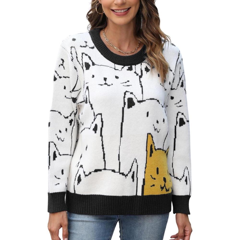 imageArssm Womens Cat Sweaters 2024 Long Sleeve Oversized Cute Kawaii Cartoon Crewneck Pullover Knit Sweater TopBlack