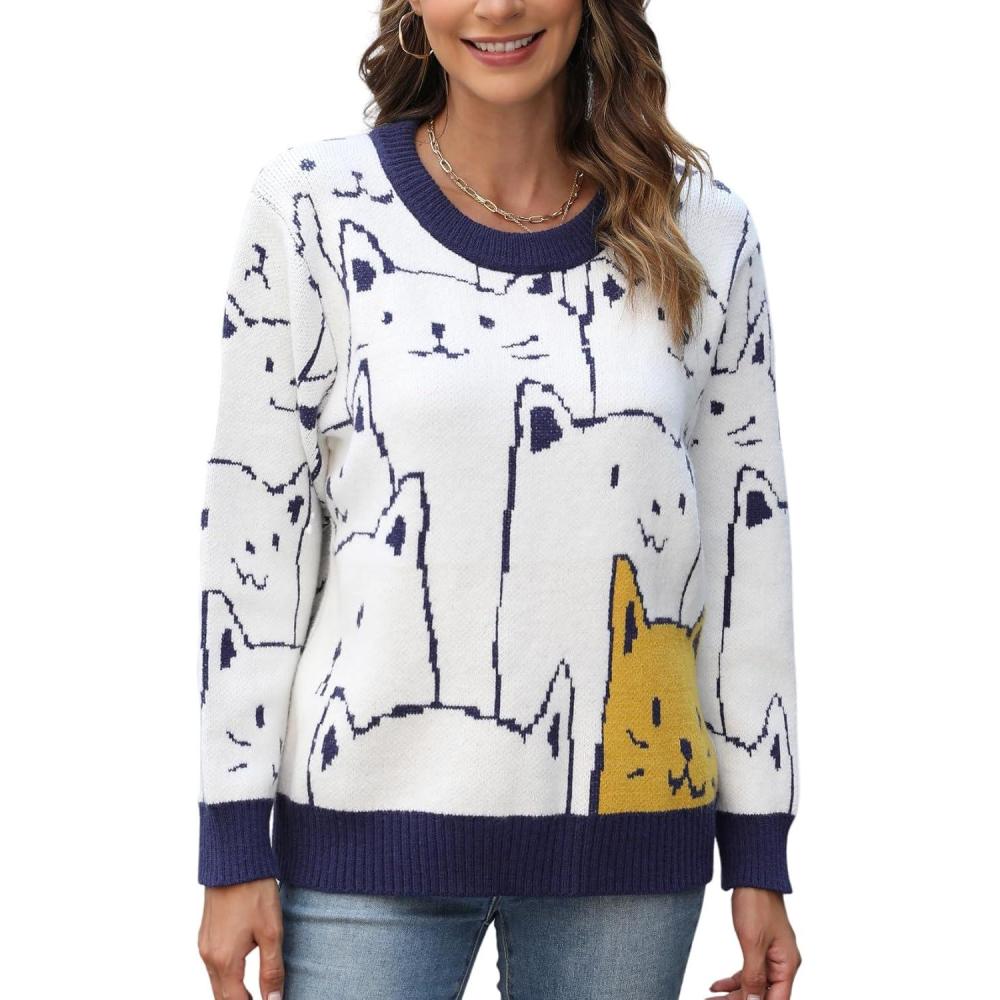 imageArssm Womens Cat Sweaters 2024 Long Sleeve Oversized Cute Kawaii Cartoon Crewneck Pullover Knit Sweater TopNavy