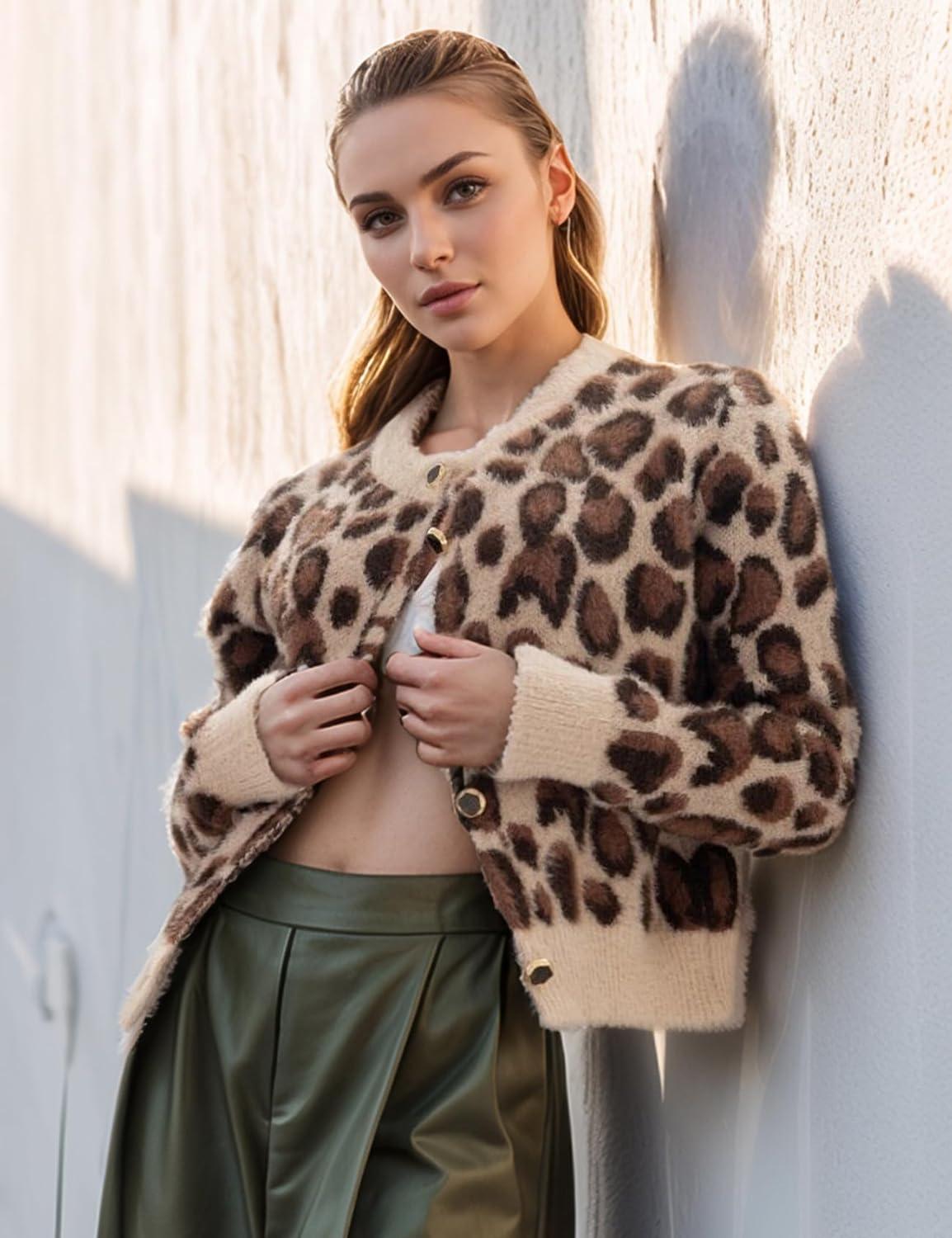 imageArssm Womens Leopard Printed Cardigans 2024 Crewneck Printed Fluffy Sweaters Long Sleeve Fuzzy Sweater KnitwearKhaki