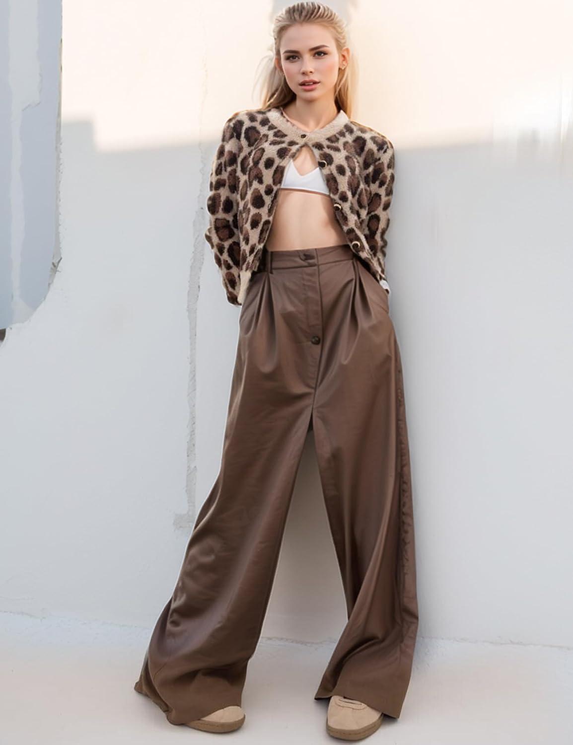 imageArssm Womens Leopard Printed Cardigans 2024 Crewneck Printed Fluffy Sweaters Long Sleeve Fuzzy Sweater KnitwearKhaki