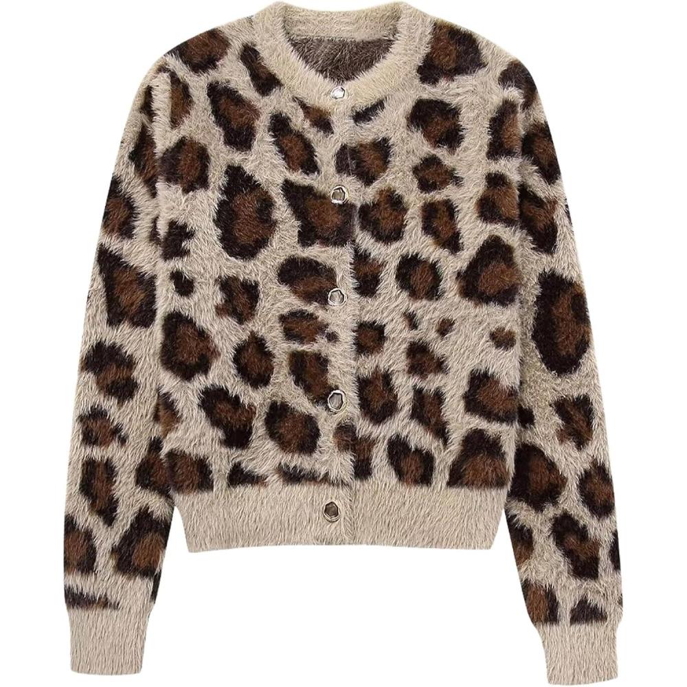 imageArssm Womens Leopard Printed Cardigans 2024 Crewneck Printed Fluffy Sweaters Long Sleeve Fuzzy Sweater KnitwearKhaki