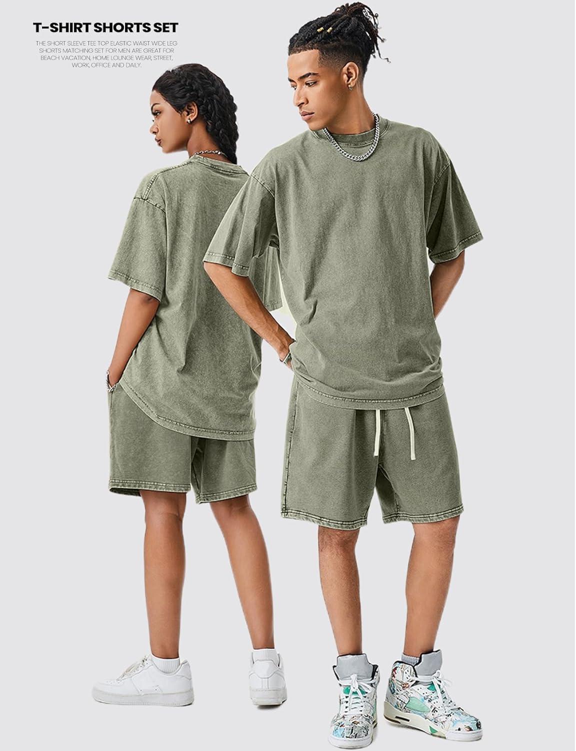 image:imageArssm Mens Short Sets Outfits 2 Piece Summer Outfits Oversized TShirt Shorts Set Acid Wash Short Sleeve TracksuitArmy