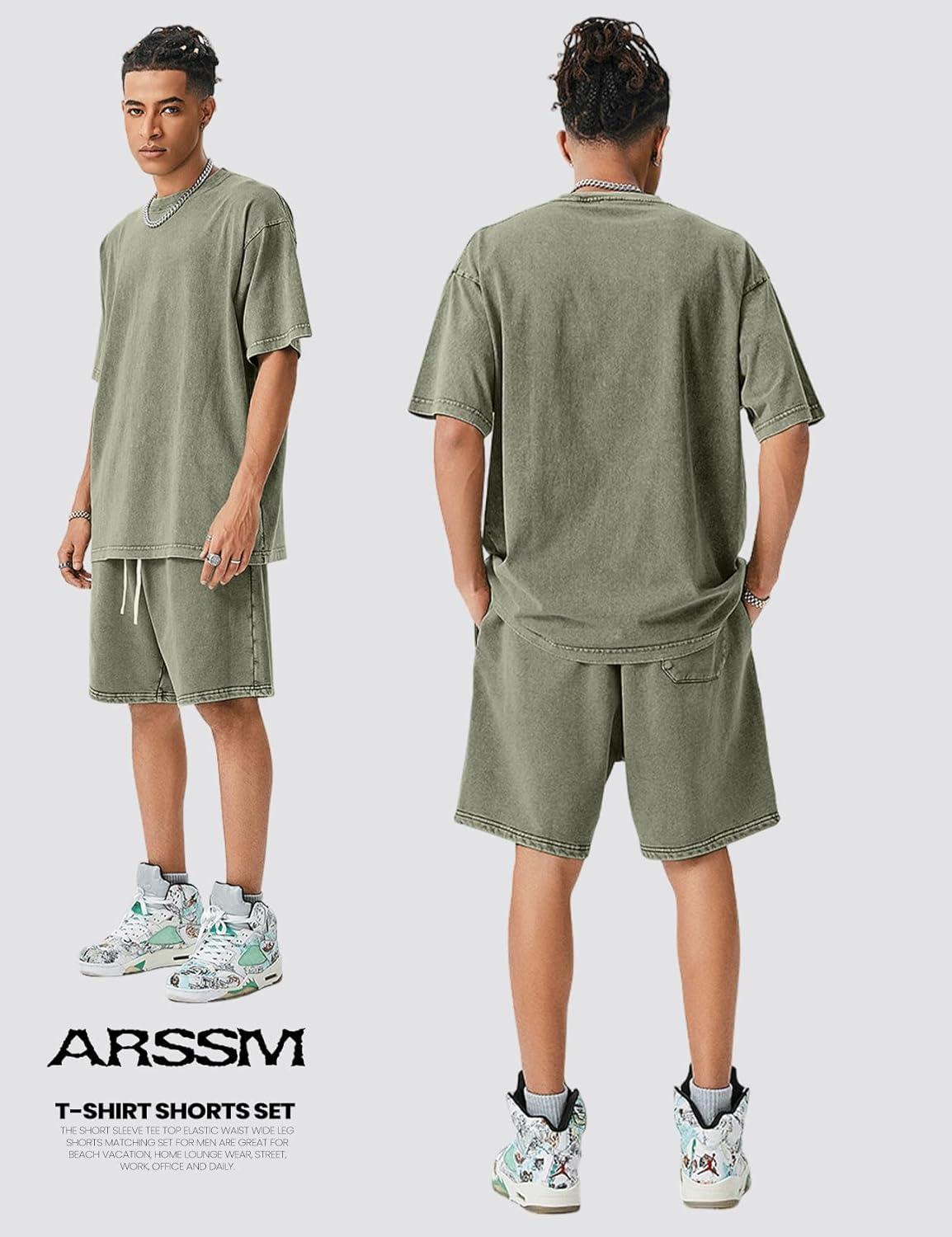 image:imageArssm Mens Short Sets Outfits 2 Piece Summer Outfits Oversized TShirt Shorts Set Acid Wash Short Sleeve TracksuitArmy