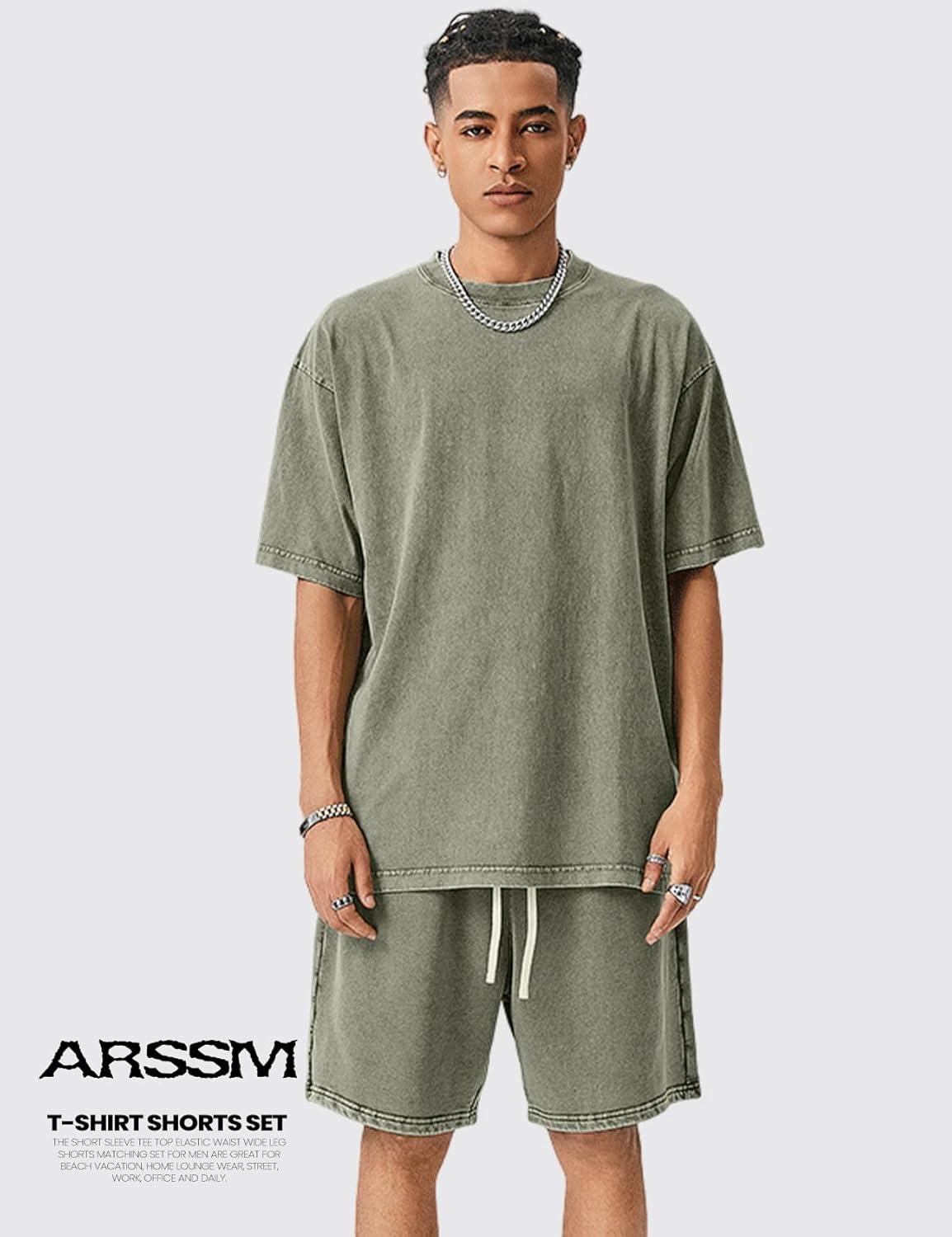 image:imageArssm Mens Short Sets Outfits 2 Piece Summer Outfits Oversized TShirt Shorts Set Acid Wash Short Sleeve TracksuitArmy