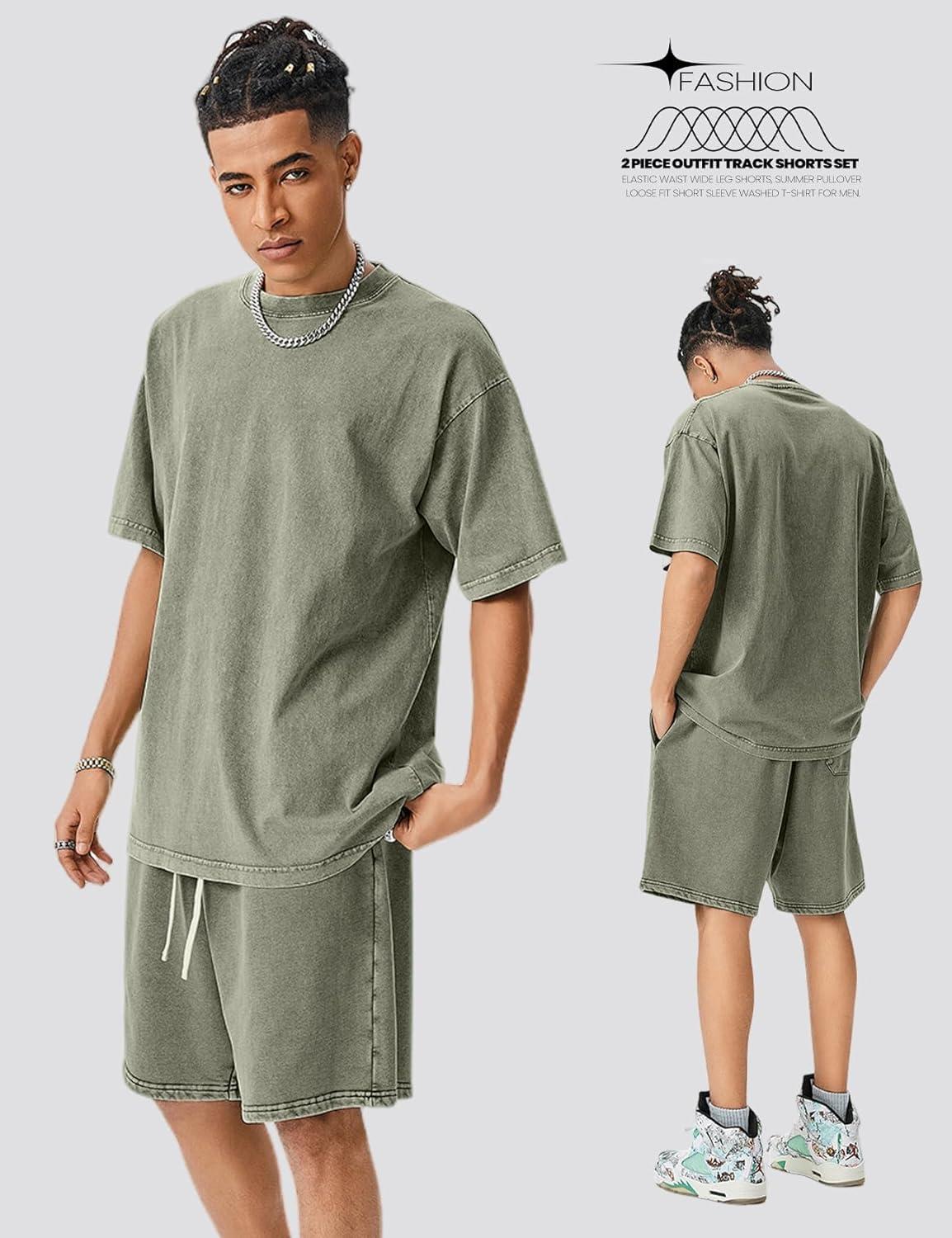 image:imageArssm Mens Short Sets Outfits 2 Piece Summer Outfits Oversized TShirt Shorts Set Acid Wash Short Sleeve TracksuitArmy