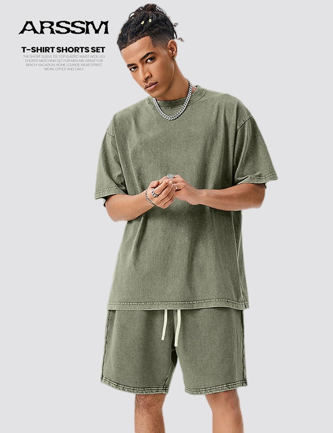 image:imageArssm Mens Short Sets Outfits 2 Piece Summer Outfits Oversized TShirt Shorts Set Acid Wash Short Sleeve TracksuitArmy