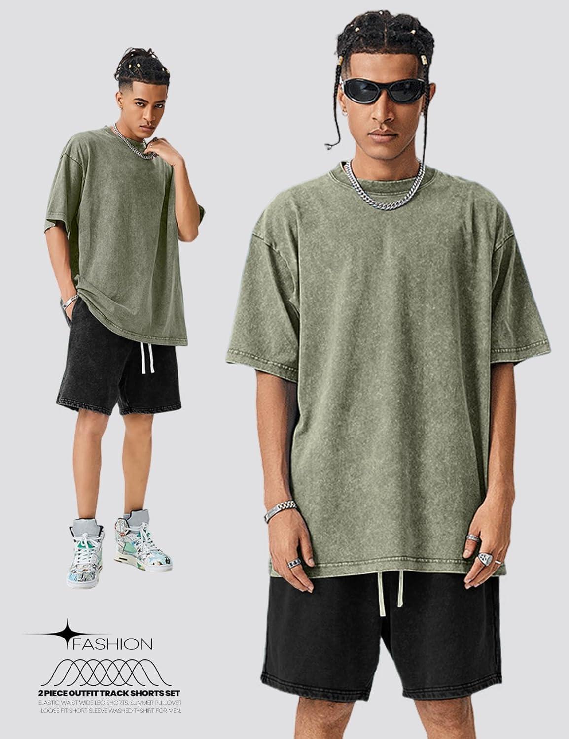image:imageArssm Mens Short Sets Outfits 2 Piece Summer Outfits Oversized TShirt Shorts Set Acid Wash Short Sleeve TracksuitArmyblack