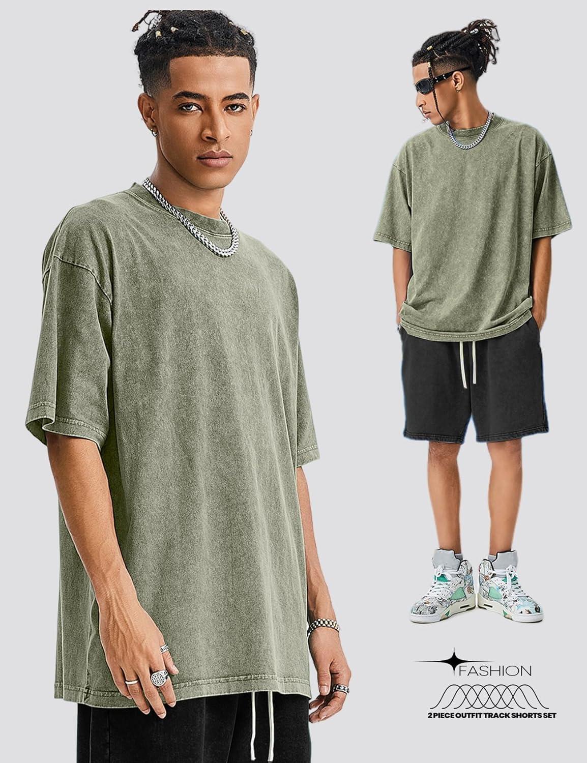 image:imageArssm Mens Short Sets Outfits 2 Piece Summer Outfits Oversized TShirt Shorts Set Acid Wash Short Sleeve TracksuitArmyblack