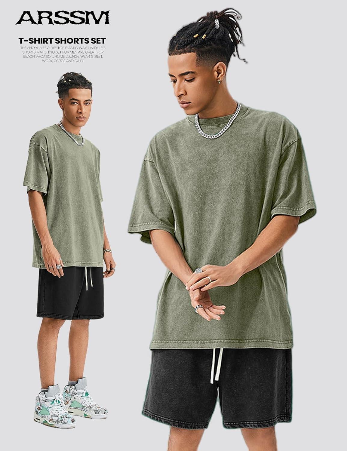 image:imageArssm Mens Short Sets Outfits 2 Piece Summer Outfits Oversized TShirt Shorts Set Acid Wash Short Sleeve TracksuitArmyblack
