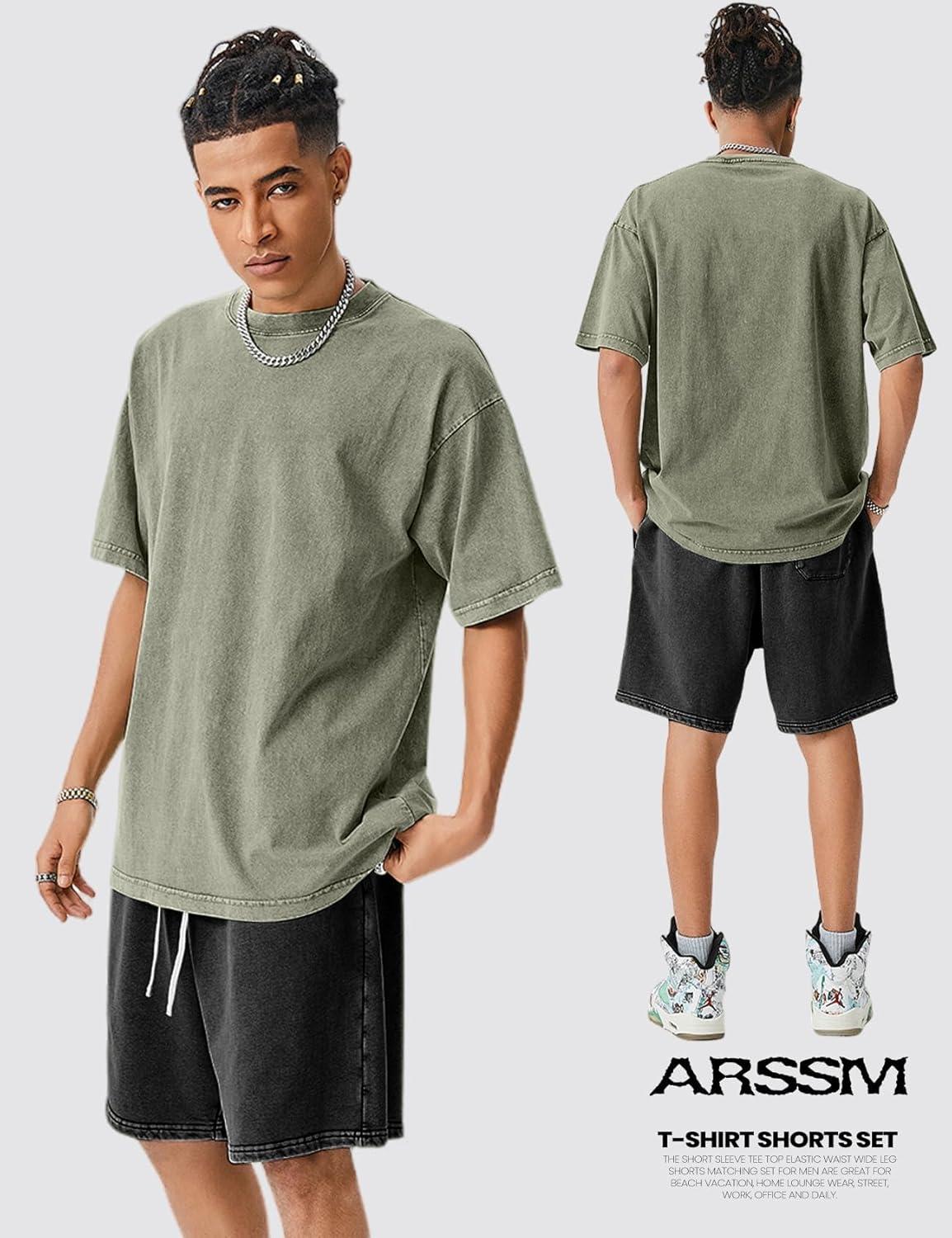 image:imageArssm Mens Short Sets Outfits 2 Piece Summer Outfits Oversized TShirt Shorts Set Acid Wash Short Sleeve TracksuitArmyblack