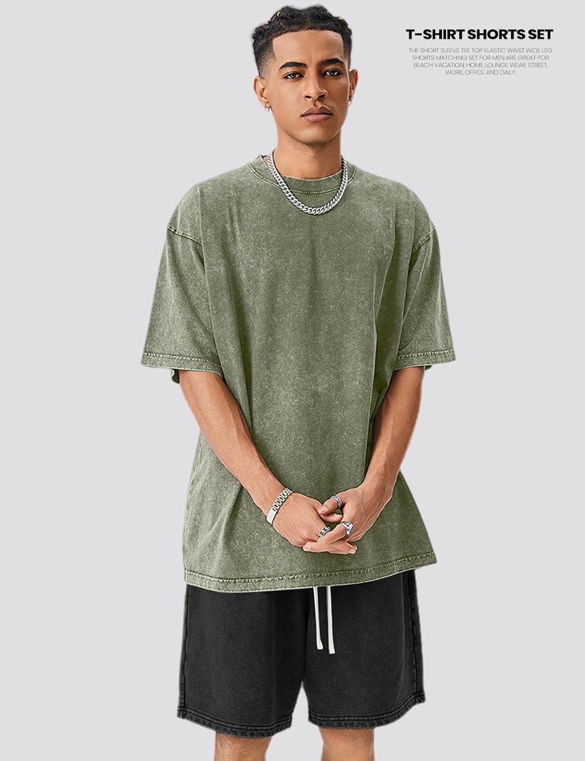image:imageArssm Mens Short Sets Outfits 2 Piece Summer Outfits Oversized TShirt Shorts Set Acid Wash Short Sleeve TracksuitArmyblack