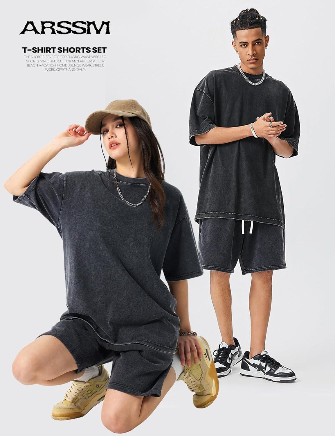 image:imageArssm Mens Short Sets Outfits 2 Piece Summer Outfits Oversized TShirt Shorts Set Acid Wash Short Sleeve TracksuitBlack