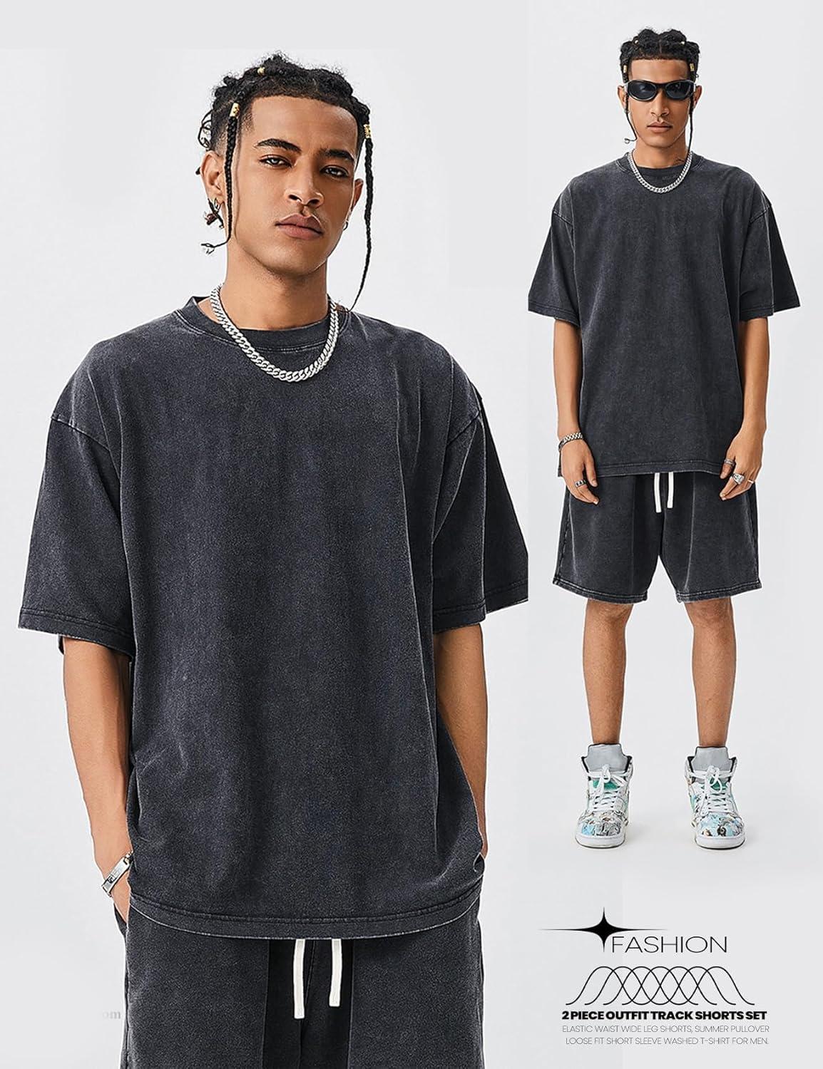 image:imageArssm Mens Short Sets Outfits 2 Piece Summer Outfits Oversized TShirt Shorts Set Acid Wash Short Sleeve TracksuitBlack