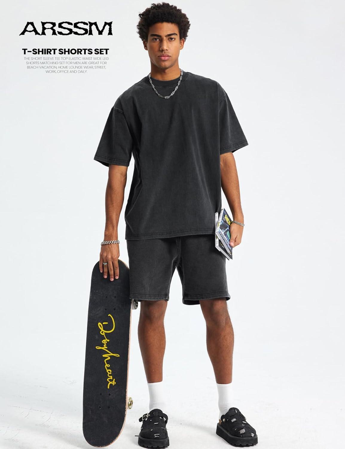 image:imageArssm Mens Short Sets Outfits 2 Piece Summer Outfits Oversized TShirt Shorts Set Acid Wash Short Sleeve TracksuitBlack