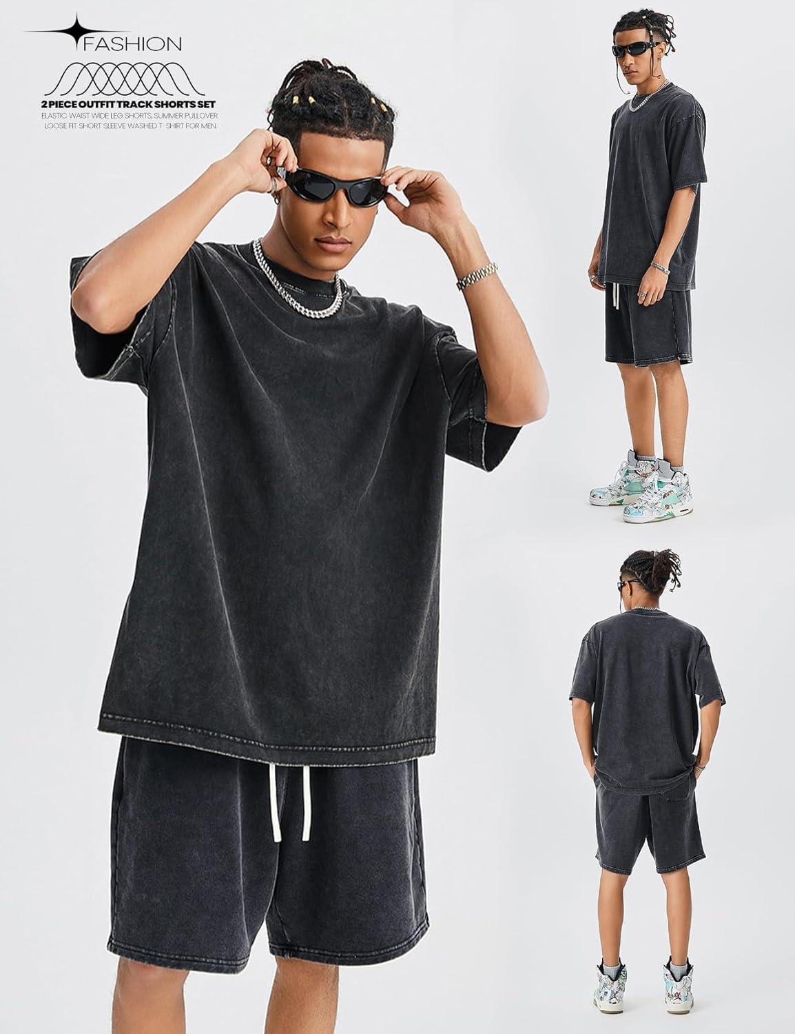 image:imageArssm Mens Short Sets Outfits 2 Piece Summer Outfits Oversized TShirt Shorts Set Acid Wash Short Sleeve TracksuitBlack