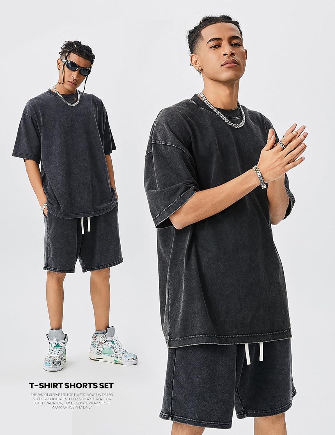 image:imageArssm Mens Short Sets Outfits 2 Piece Summer Outfits Oversized TShirt Shorts Set Acid Wash Short Sleeve TracksuitBlack