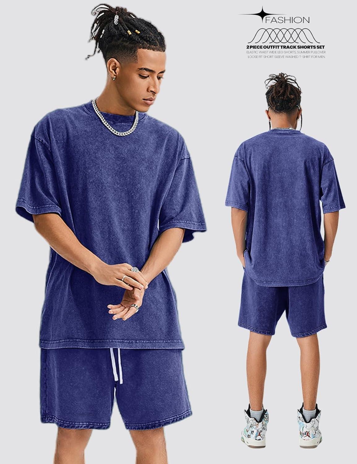 image:imageArssm Mens Short Sets Outfits 2 Piece Summer Outfits Oversized TShirt Shorts Set Acid Wash Short Sleeve TracksuitBlue