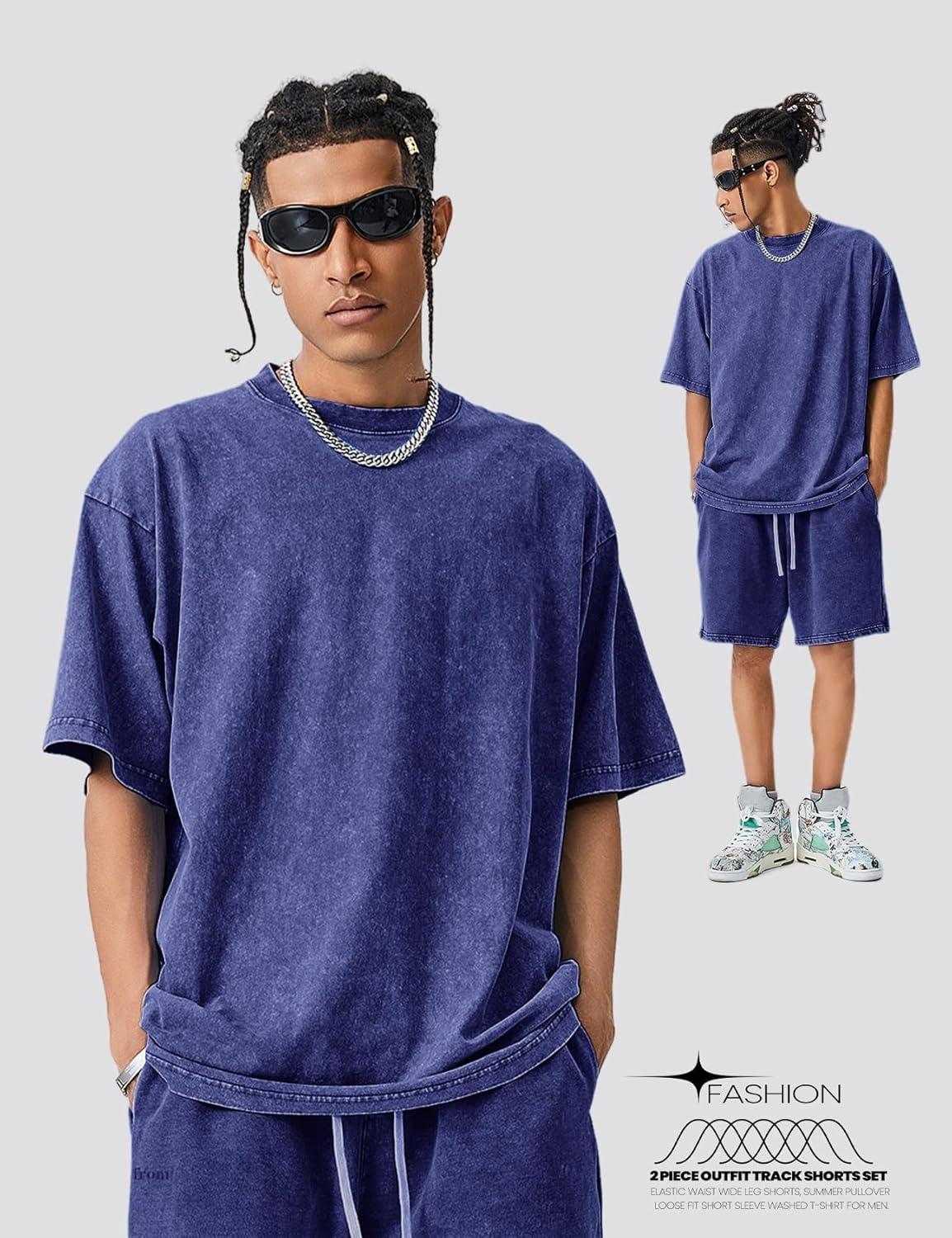 image:imageArssm Mens Short Sets Outfits 2 Piece Summer Outfits Oversized TShirt Shorts Set Acid Wash Short Sleeve TracksuitBlue