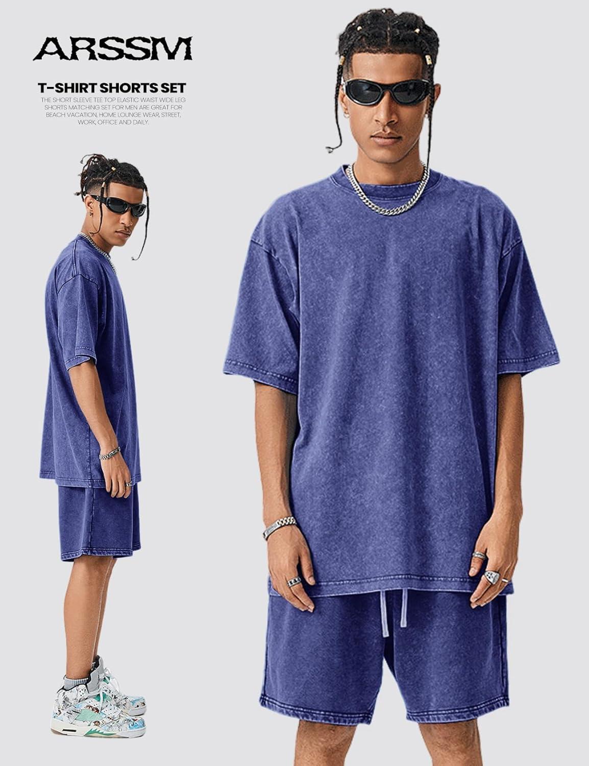 image:imageArssm Mens Short Sets Outfits 2 Piece Summer Outfits Oversized TShirt Shorts Set Acid Wash Short Sleeve TracksuitBlue