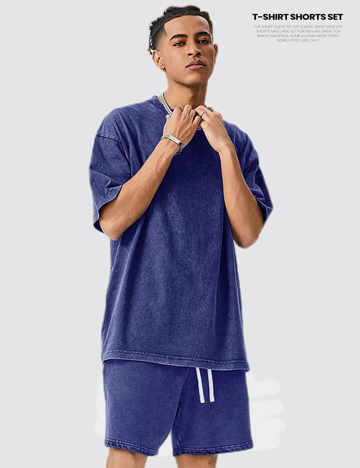 image:imageArssm Mens Short Sets Outfits 2 Piece Summer Outfits Oversized TShirt Shorts Set Acid Wash Short Sleeve TracksuitBlue