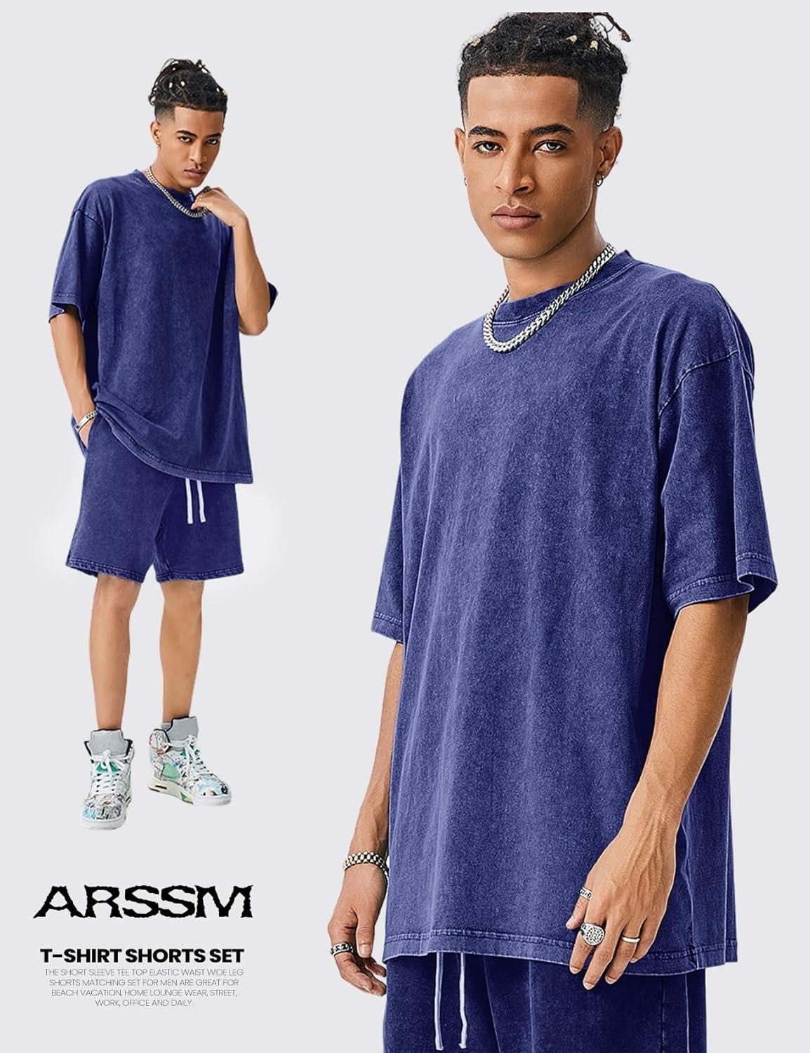 image:imageArssm Mens Short Sets Outfits 2 Piece Summer Outfits Oversized TShirt Shorts Set Acid Wash Short Sleeve TracksuitBlue