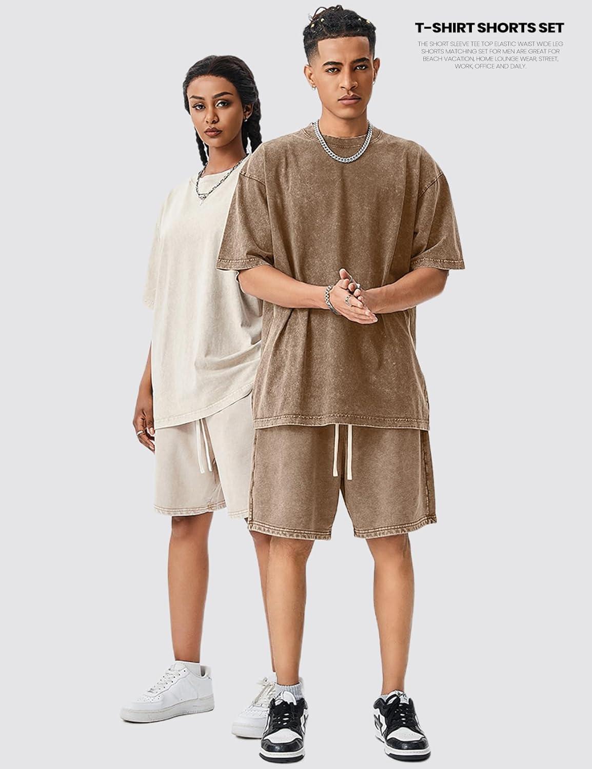 image:imageArssm Mens Short Sets Outfits 2 Piece Summer Outfits Oversized TShirt Shorts Set Acid Wash Short Sleeve TracksuitBrown