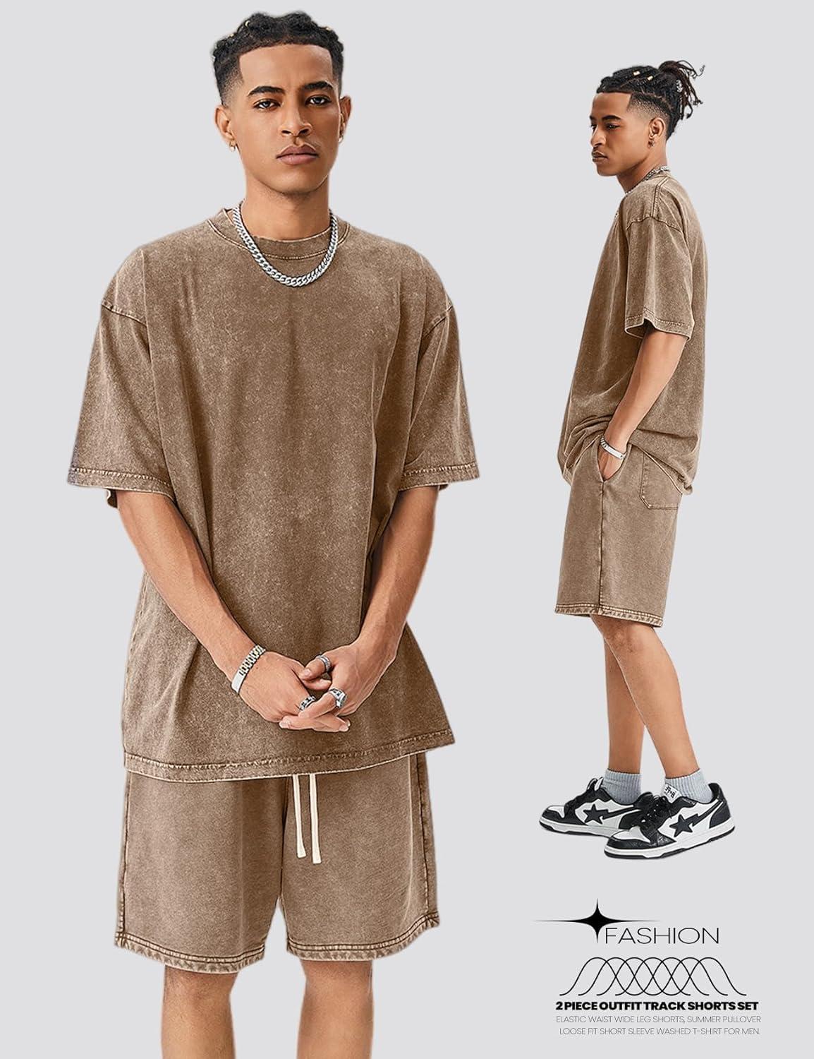 image:imageArssm Mens Short Sets Outfits 2 Piece Summer Outfits Oversized TShirt Shorts Set Acid Wash Short Sleeve TracksuitBrown