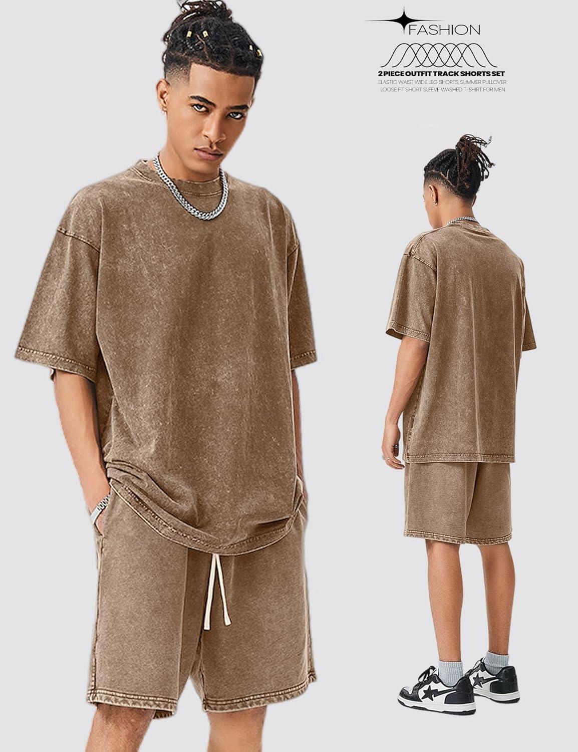 image:imageArssm Mens Short Sets Outfits 2 Piece Summer Outfits Oversized TShirt Shorts Set Acid Wash Short Sleeve TracksuitBrown