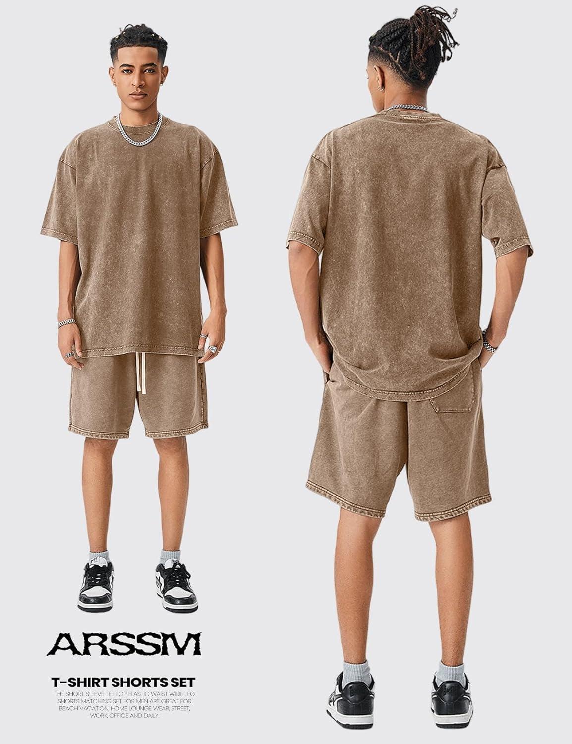 image:imageArssm Mens Short Sets Outfits 2 Piece Summer Outfits Oversized TShirt Shorts Set Acid Wash Short Sleeve TracksuitBrown