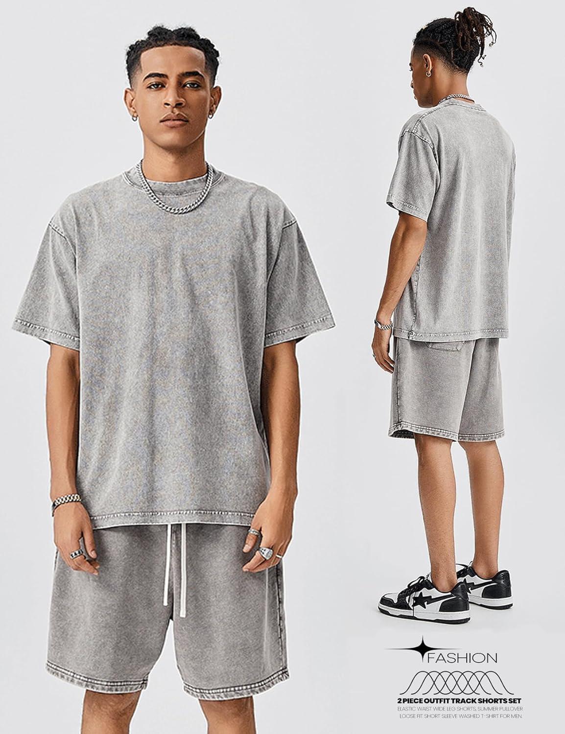 image:imageArssm Mens Short Sets Outfits 2 Piece Summer Outfits Oversized TShirt Shorts Set Acid Wash Short Sleeve TracksuitGrey