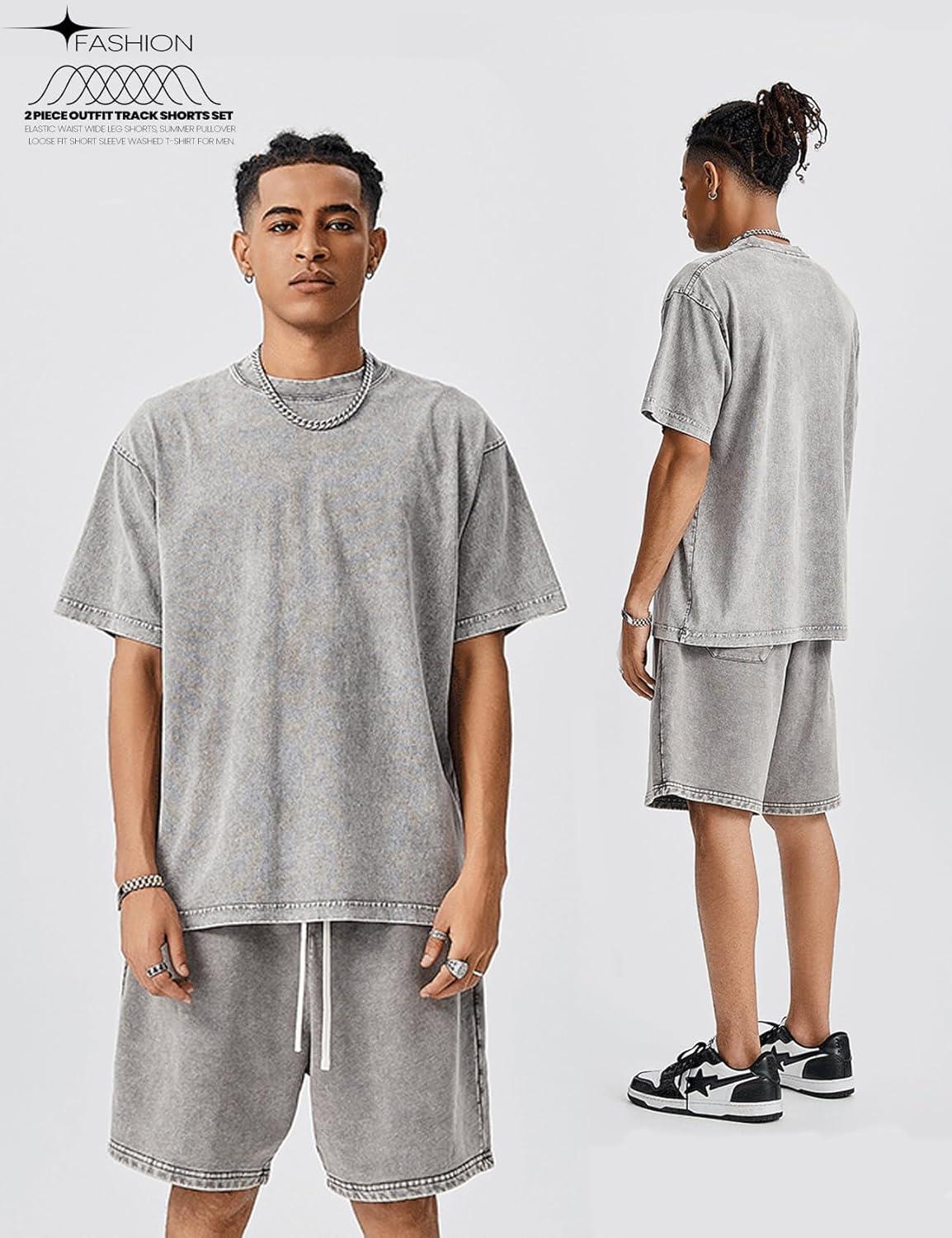 image:imageArssm Mens Short Sets Outfits 2 Piece Summer Outfits Oversized TShirt Shorts Set Acid Wash Short Sleeve TracksuitGrey
