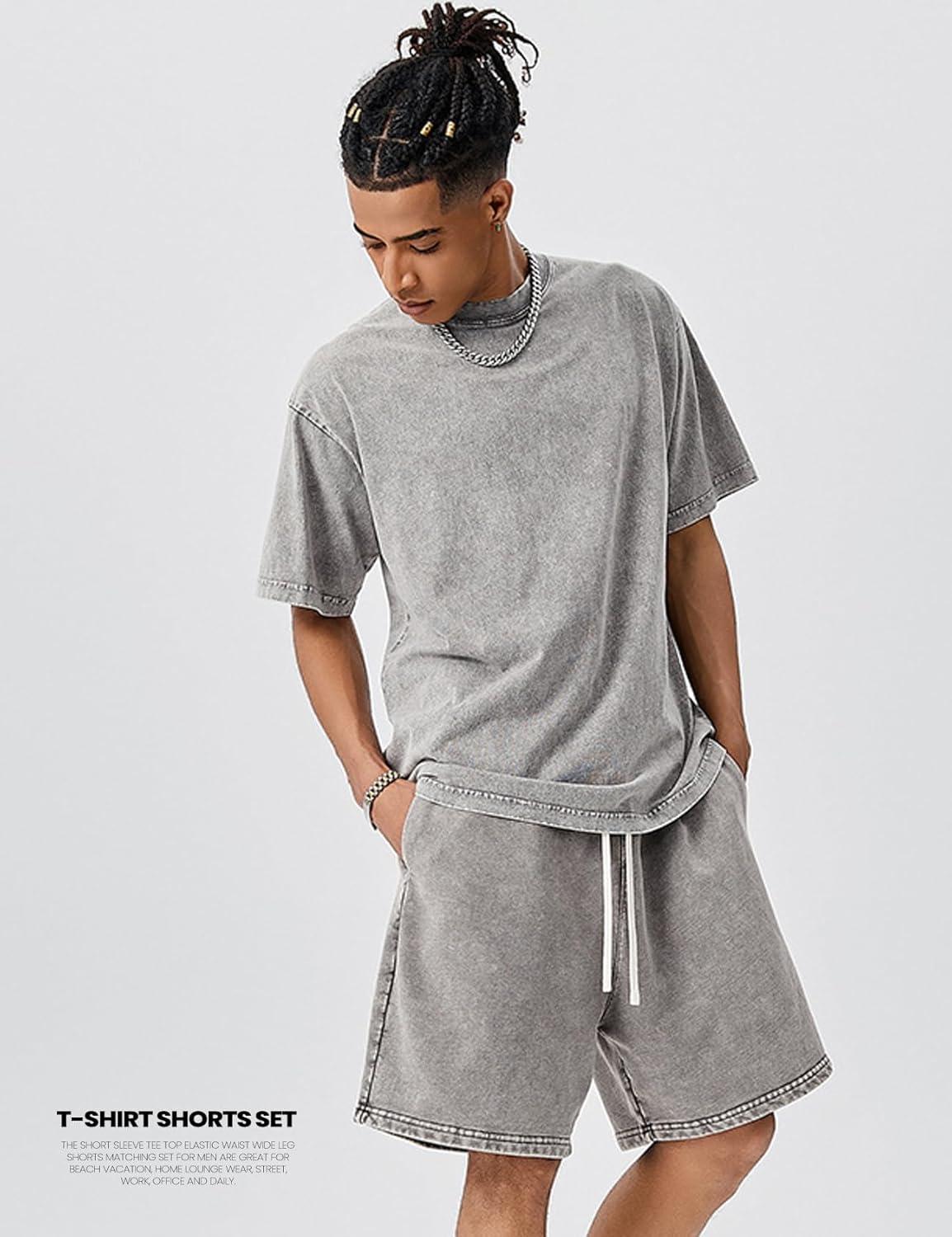 image:imageArssm Mens Short Sets Outfits 2 Piece Summer Outfits Oversized TShirt Shorts Set Acid Wash Short Sleeve TracksuitGrey