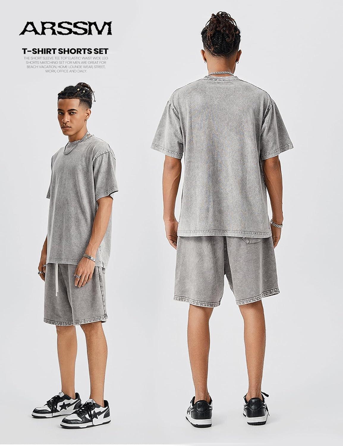 image:imageArssm Mens Short Sets Outfits 2 Piece Summer Outfits Oversized TShirt Shorts Set Acid Wash Short Sleeve TracksuitGrey