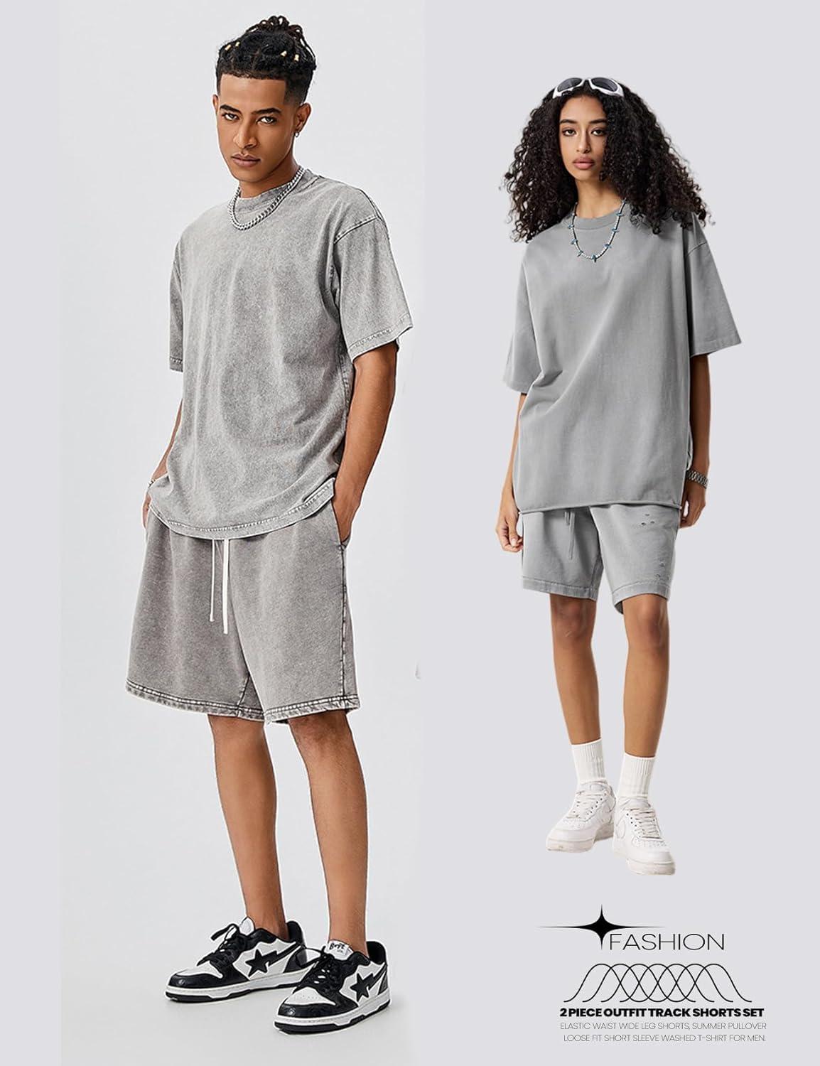 image:imageArssm Mens Short Sets Outfits 2 Piece Summer Outfits Oversized TShirt Shorts Set Acid Wash Short Sleeve TracksuitGrey