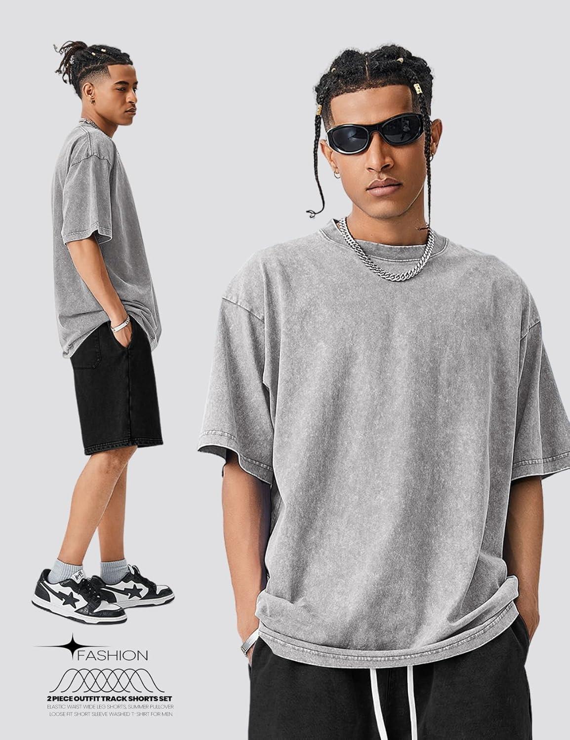 image:imageArssm Mens Short Sets Outfits 2 Piece Summer Outfits Oversized TShirt Shorts Set Acid Wash Short Sleeve TracksuitGreyblack