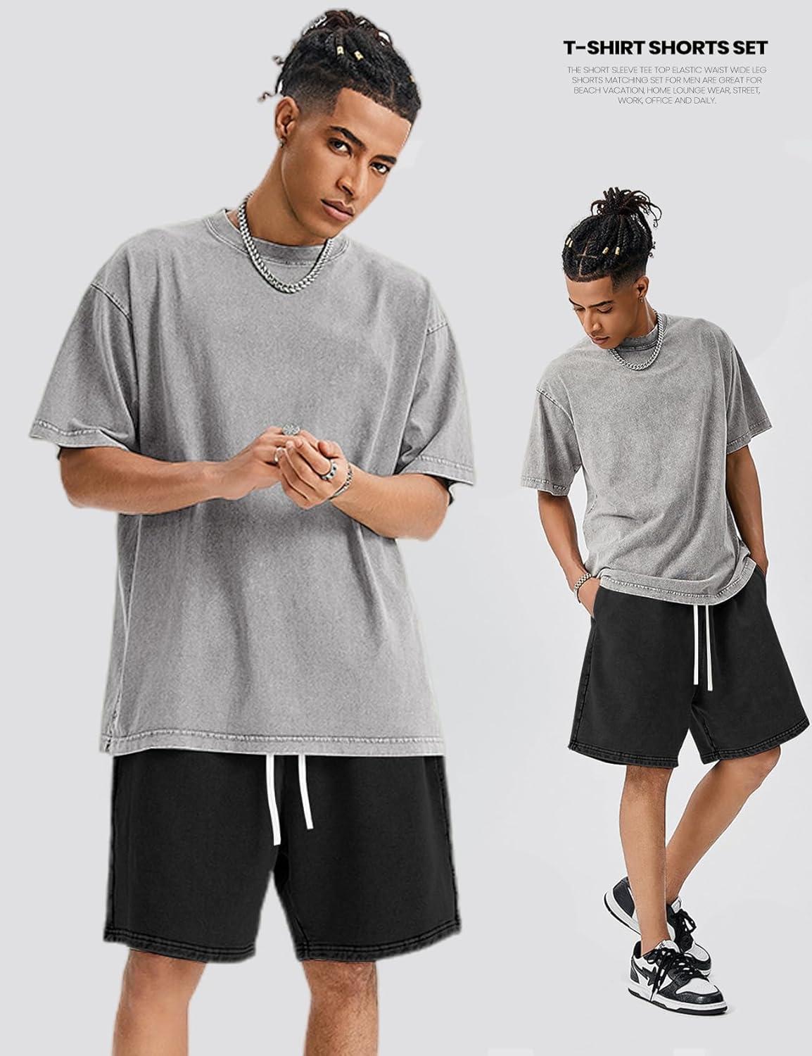 image:imageArssm Mens Short Sets Outfits 2 Piece Summer Outfits Oversized TShirt Shorts Set Acid Wash Short Sleeve TracksuitGreyblack