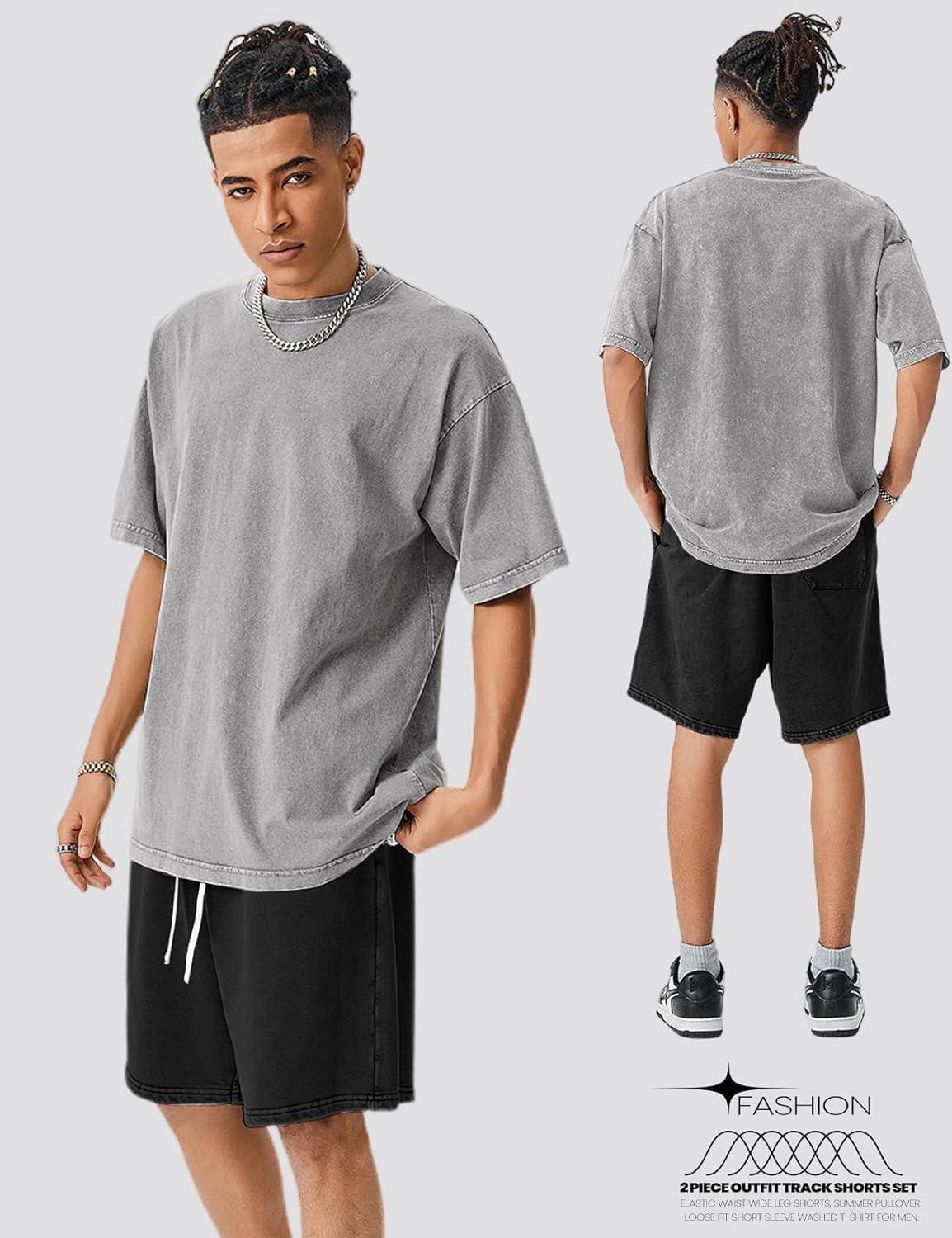 image:imageArssm Mens Short Sets Outfits 2 Piece Summer Outfits Oversized TShirt Shorts Set Acid Wash Short Sleeve TracksuitGreyblack